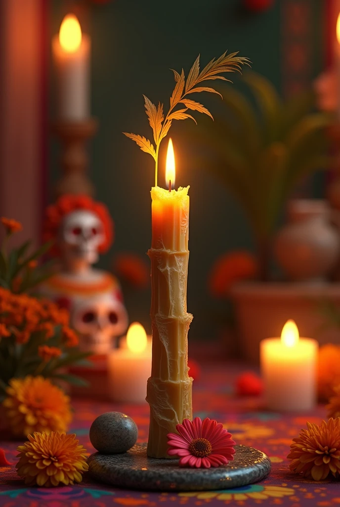 Candle in the shape of a piece of sugar cane on a Mexican Day of the Dead altar
