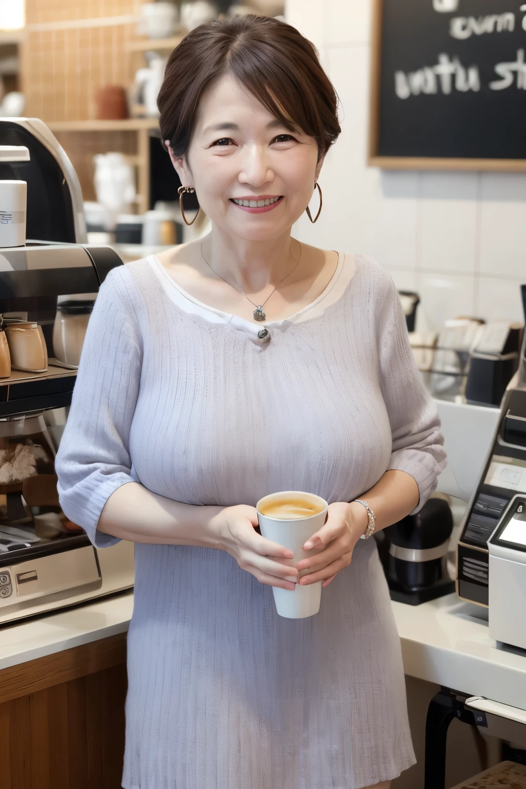 Osaka's aunt、Organic Photography、Highest quality、masterpiece、Ultra-high resolution、Beautiful Japanese old lady、60 years old、Looking at the audience、Elegant face、Smiling with teeth showing、Big Breasts、Wearing a plain short-sleeved knit、Wavy Hair、mini skirt、Earrings、A corner of a coffee shop, Background Blur