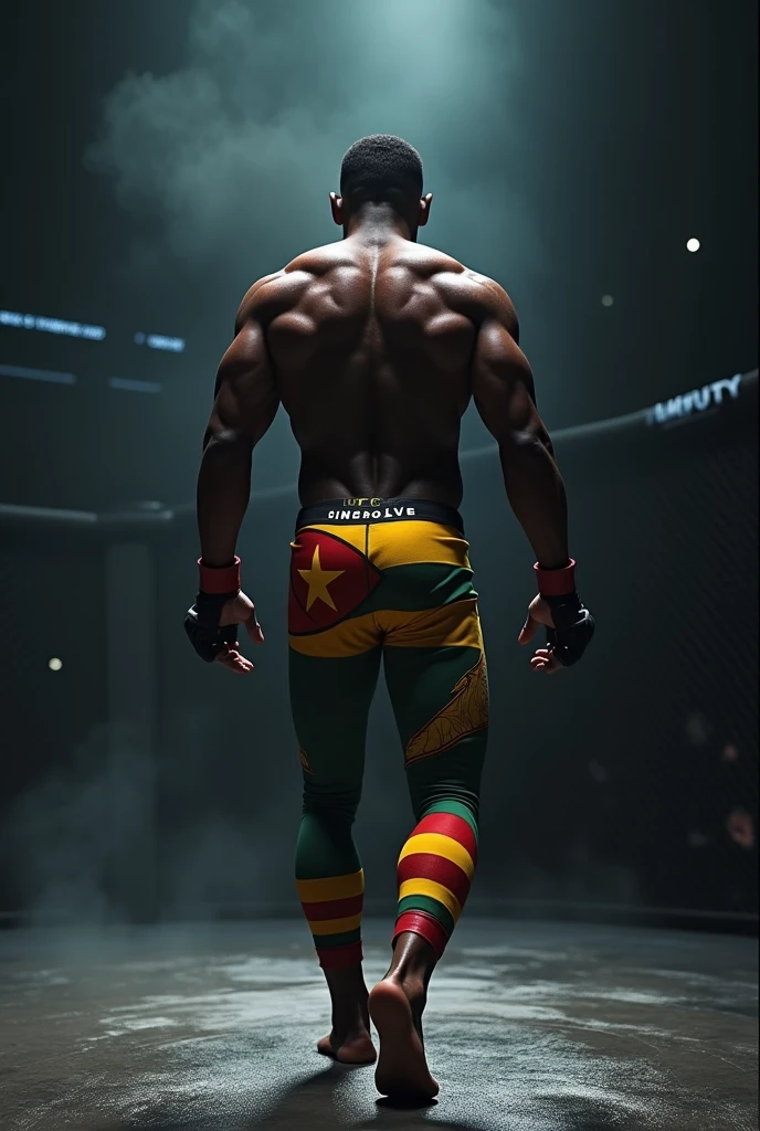 Create an image of a black ufc fighter walking towards a belt. He is a bit slim. Only show his back. Dark environment. His pants should have the zimbabwe flag custom written kyl. Tight pants