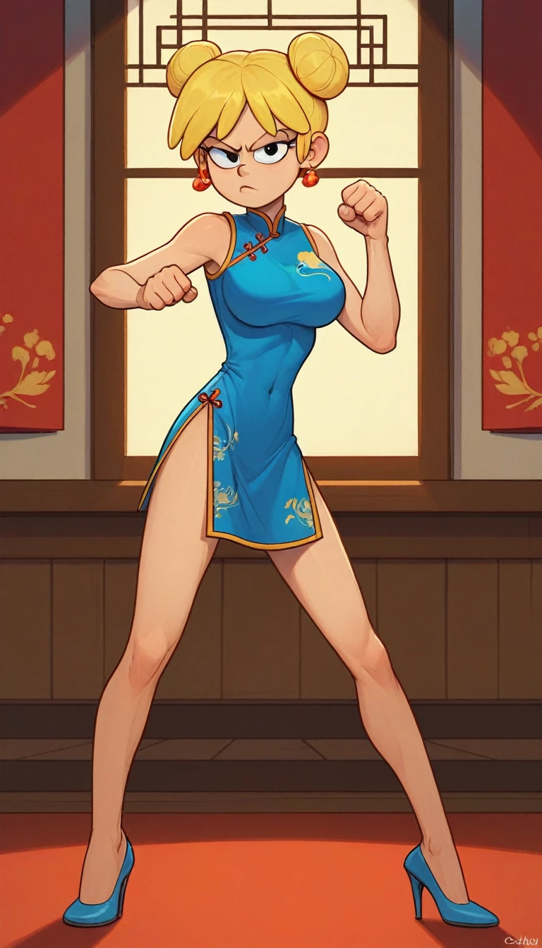 lori loud, 1girl, solo, 24yo girl, blue cheongsam,  inside of a chinese style temple, large breasts, looking at viewer, blonde hair, short hair, two hair buns , hands  score_9, score_8_up, score_7_up, high heels,teep fighting stance,martial arts