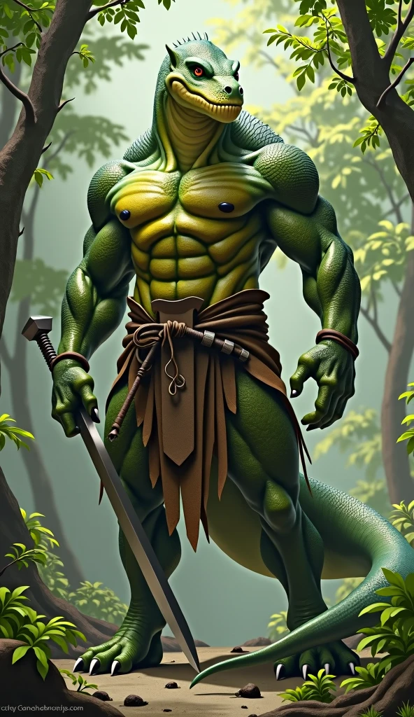 A powerful warrior, humanoid reptile, with masculine features and a strong muscular body, with a long tail, green scales that turn yellow towards his chest and abdomen, covered by a brown leather tailcoat, with a weapon in his hand, made of background a leafy forest

