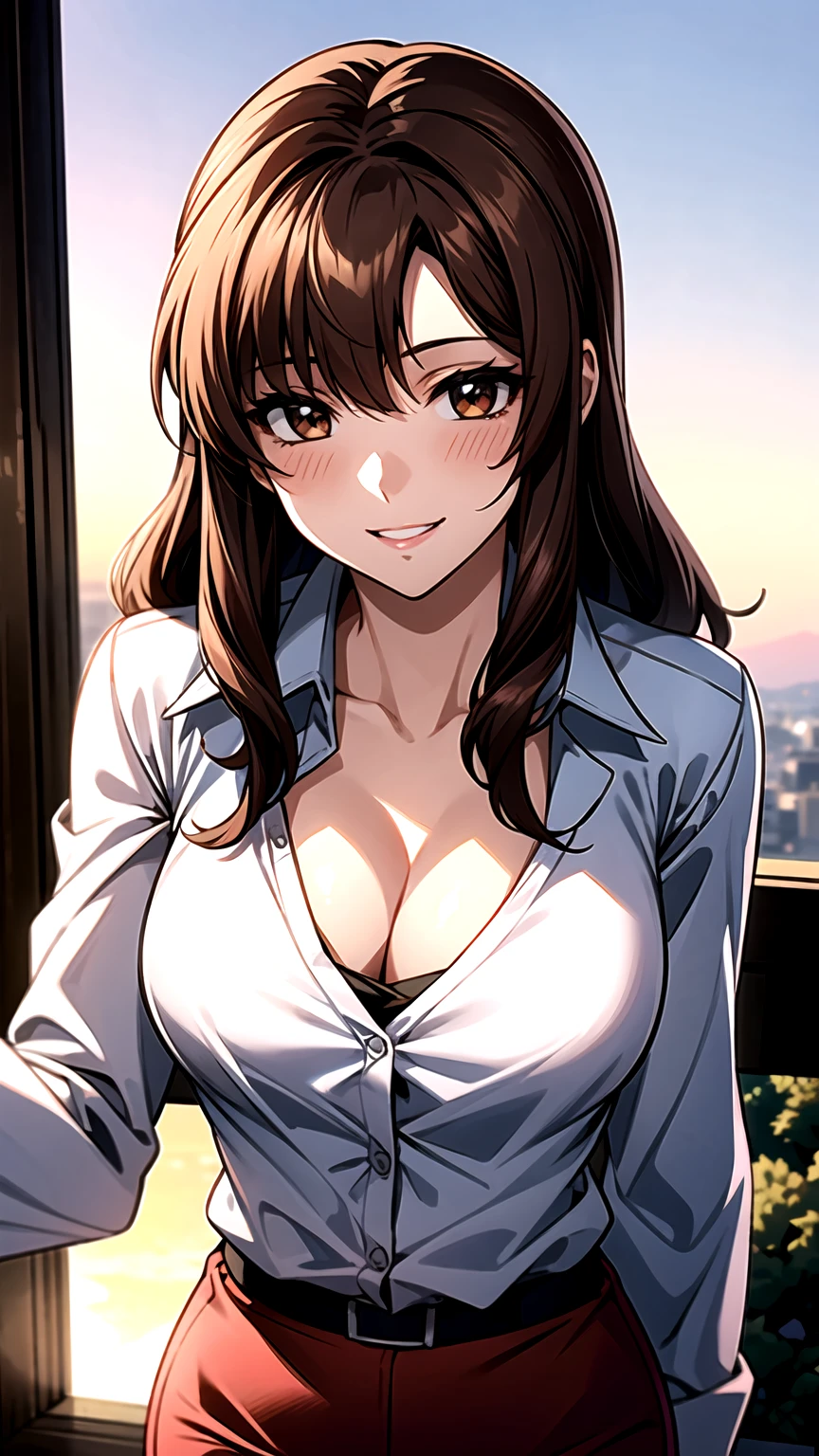 ((super high quality,Ultra-high resolution,16K,super masterpiece,Ultra HD ,Detailed shading,))On top of a hill lit by the setting sun,Sexy Mature,((A pink shirt with a tight standing collar,Cleavage,))Folded long sleeves,Red pencil skirt,Looking into the camera,Brown medium long hair,A kind smile,blush,Thick lips,