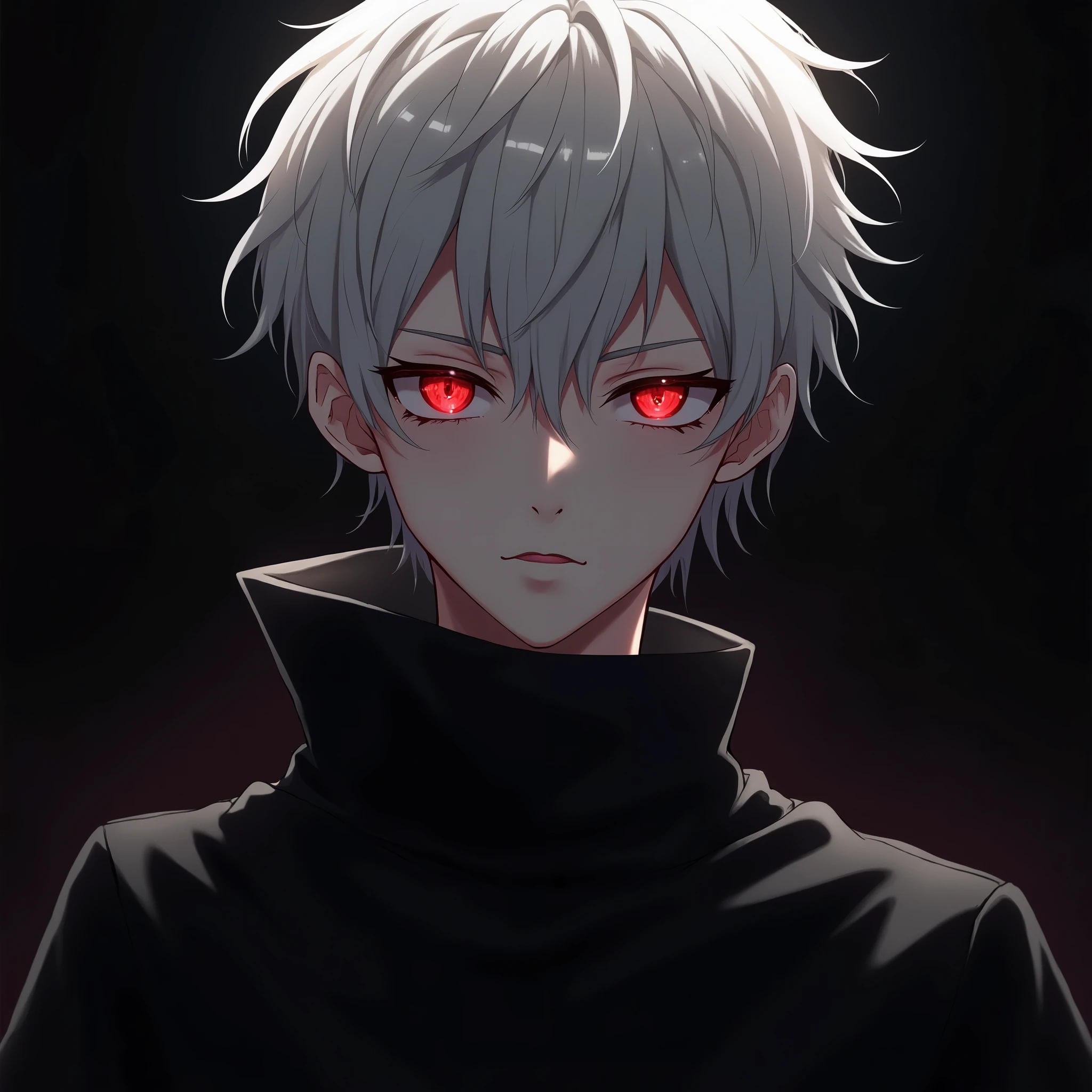 (absurdres, highres, ultra detailed),(Masterpiece, best quality:1.2),Anime boy with white hair and red eyes staring at the camera, glowing red eyes,slim, wearing a black outfit,shadow body,dark, monochrome, wallpaper,
