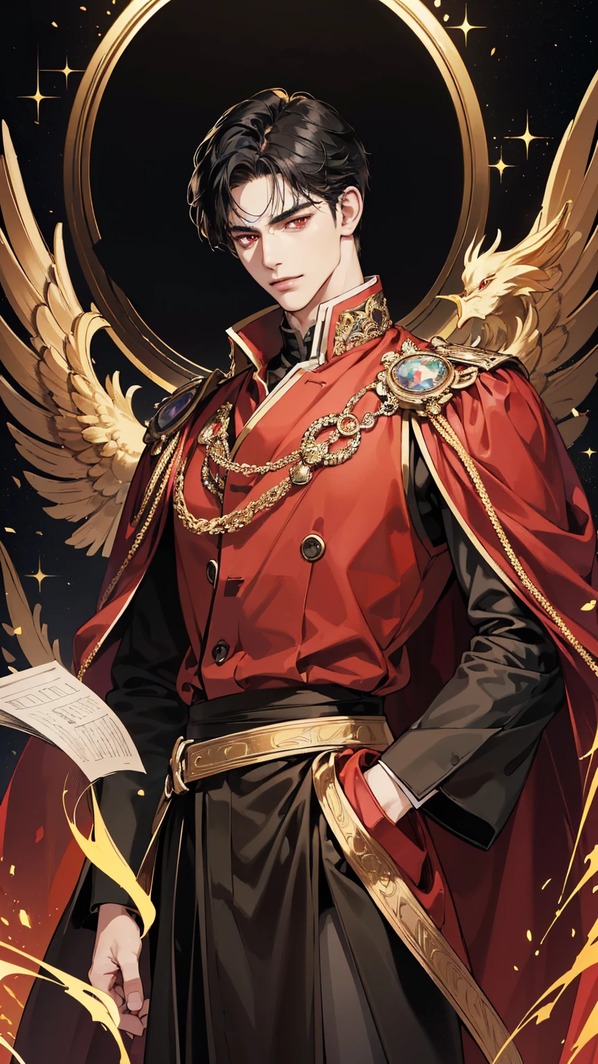 {(best quality, 8k, masterpiece, HDR, soft lighting, perfect image, digital illustration, manhwa art, hyper detailed image, perfect lines, realistic)} 1 very handsome man, short black hair with bangs, bright red eyes, clothes luxurious, black king clothing, regal, (imposing posture, smirking expression), {(black background with golden sparkles)}
