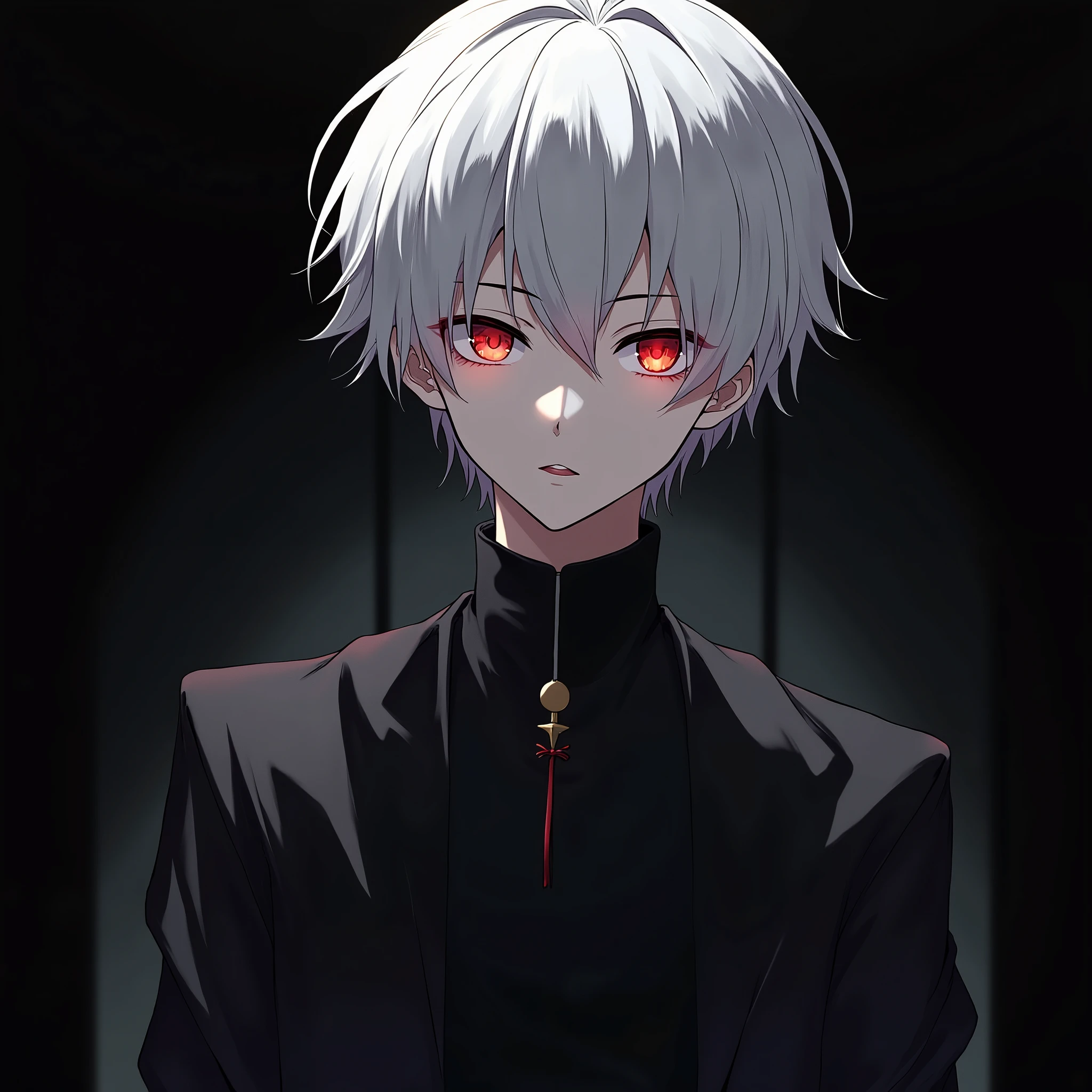 (absurdres, highres, ultra detailed),(Masterpiece, best quality:1.2),Anime boy with white hair and red eyes staring at the camera, glowing red eyes,slim, wearing a black outfit,shadow body,dark, monochrome, wallpaper,