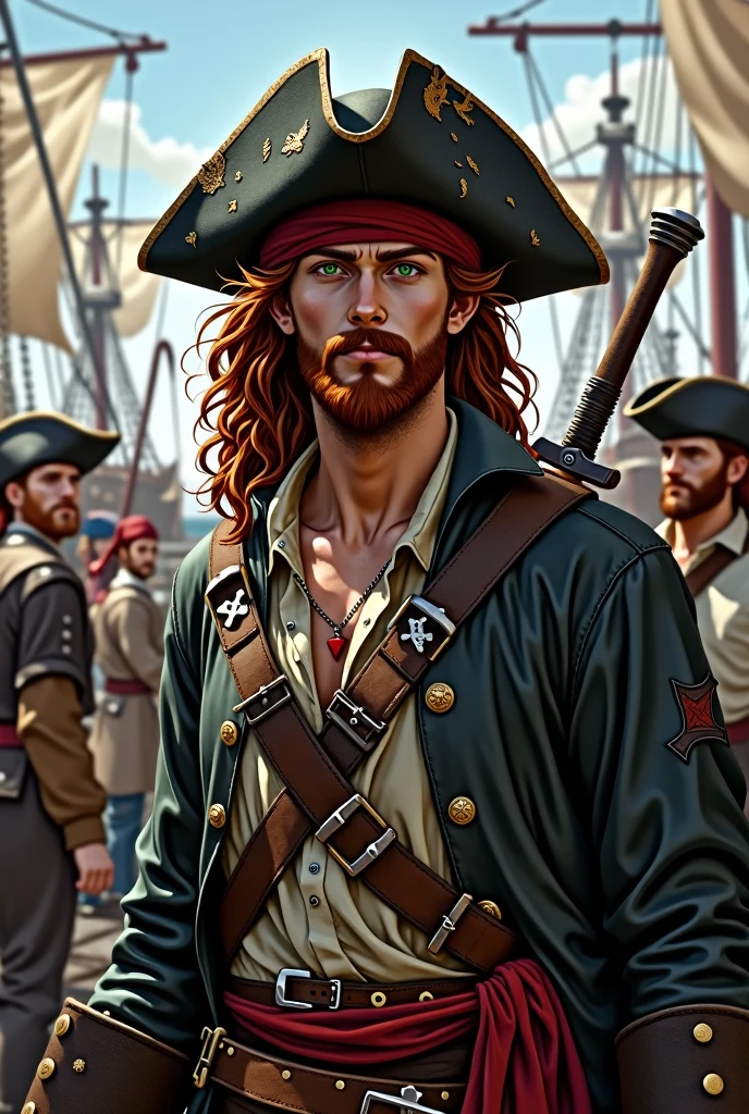 Crea un immagine di un pirata intero di razza umana per d&d. A 20 year old male pirate with long curly, garnet red hair., a goatee and a garnet red moustache and dark green eyes. He wears a black leather battered hat, porta un trench coat in stile piratesco, with a light shirt and a ruined vest underneath. In life he wears a red sash with a belt and two bastard swords on his back., in the background a pirate port. He is celebrating with other sailors at the port
