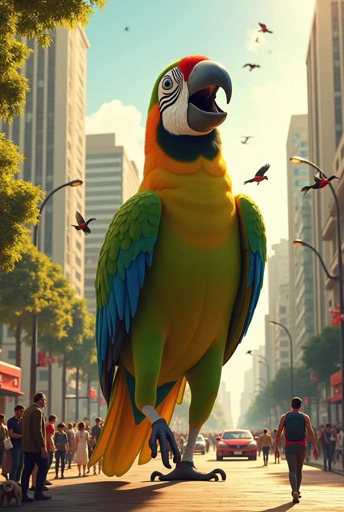 A very huge smiling parrot walking at Avenida Paulista  in São Paulo Brazil  between cars on a sunny day some people are passing by happy on the side walk  some monkeys are on the side walk too at the sky another parrots and toucans are flying