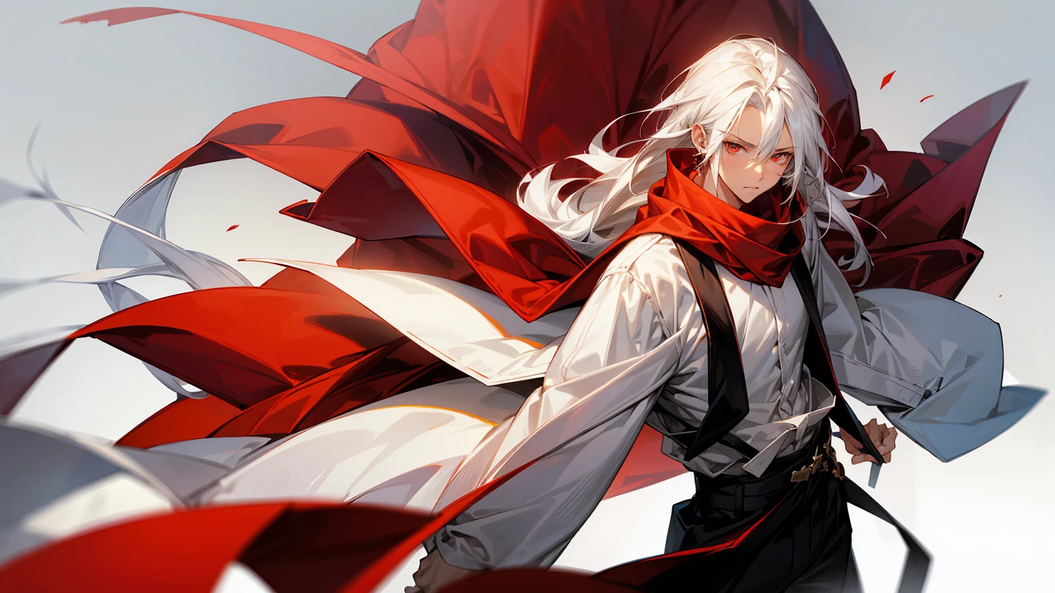 1male, Adult, Long White Hair, White Baggy Long Sleeve Shirt, Baggy Black Pants, Red Eyes, Red Scarf, Earring, Masculine