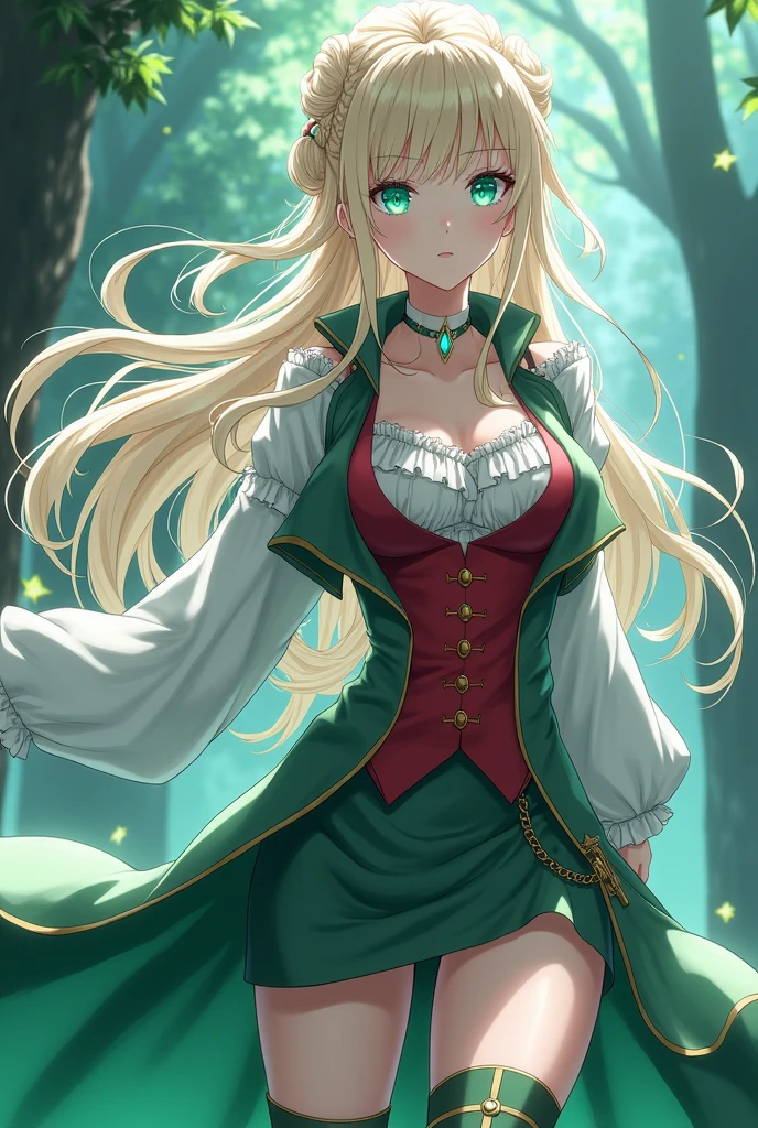 A blonde hunter, almost white but bright, blue eyes with green eye background, white skin LONG hair with a beautiful updo hairstyle with loose strands, with a long blouse with ruffles on the long sleeves, a red blouse and a stylish short closed vest, a green feminine one, a skirt up to the thighs and a heel that goes up to the knee, anime style, with a ring with ice powers