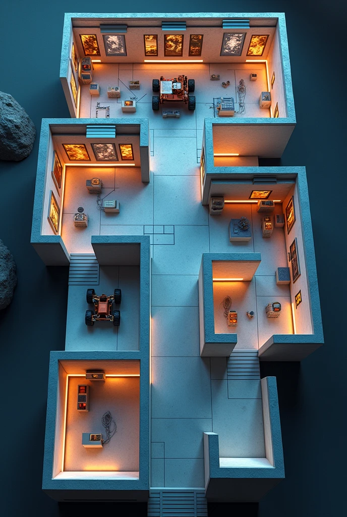 a detailed map of a museum seen from above with interactive displays on the walls, where the theme is a journey to MARS, the map should only be ground level, with four separate rooms, no people inside, 8k, photorealistic, highly detailed, dynamic lighting, hyper realistic, dramatic lighting, cinematic, volumetric fog, 3d rendered, intricate details, clean crisp textures, elegant design, seamless, museum interior, futuristic architecture, advanced technology, space exploration, scientific equipment, mars rover, holographic displays, glowing panels, minimalist style, cool tones