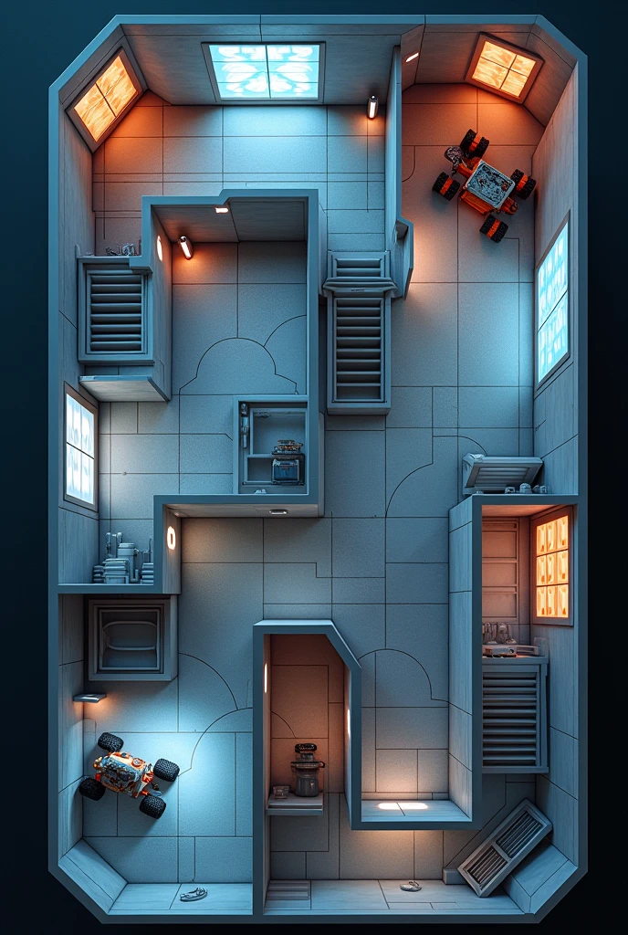 a detailed map of a museum seen from above with interactive displays on the walls, where the theme is a journey to MARS, the map should only be ground level, with four separate rooms, no people inside, 8k, photorealistic, highly detailed, dynamic lighting, hyper realistic, dramatic lighting, cinematic, volumetric fog, 3d rendered, intricate details, clean crisp textures, elegant design, seamless, museum interior, futuristic architecture, advanced technology, space exploration, scientific equipment, mars rover, holographic displays, glowing panels, minimalist style, cool tones