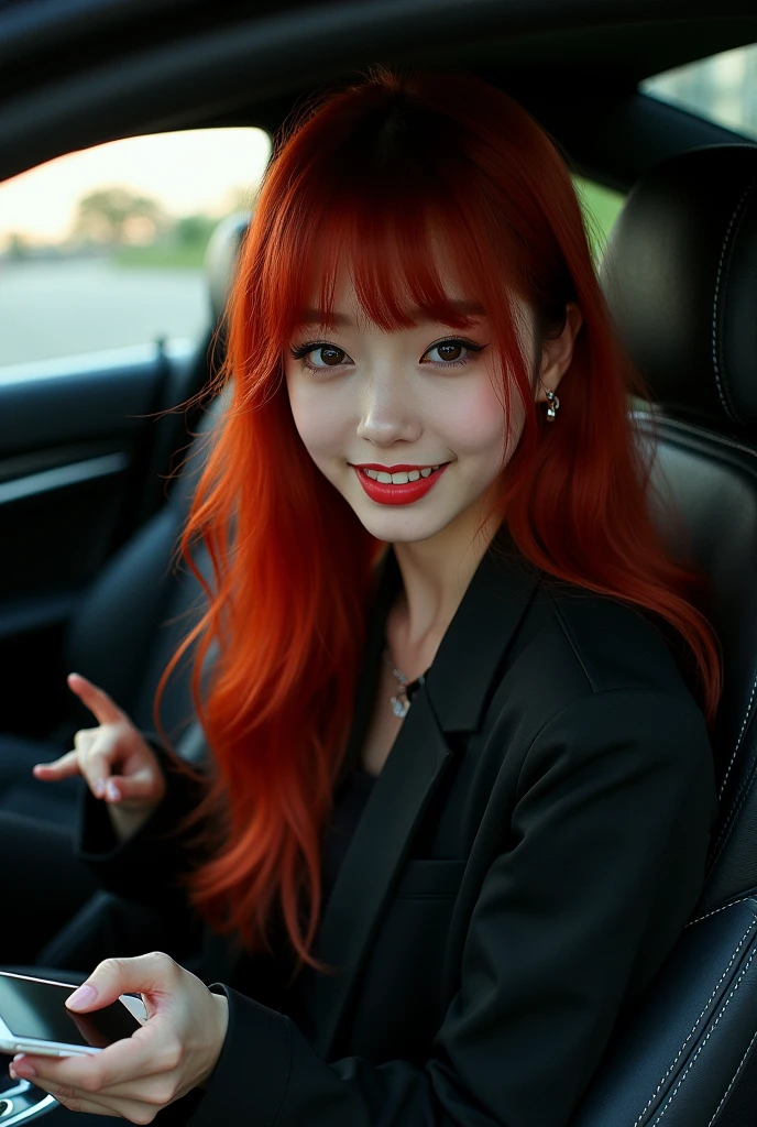 Redhead girl with bangs, long hair, Korean woman inside a black BMW car, with a white cell phone in one hand, grinning wickedly.