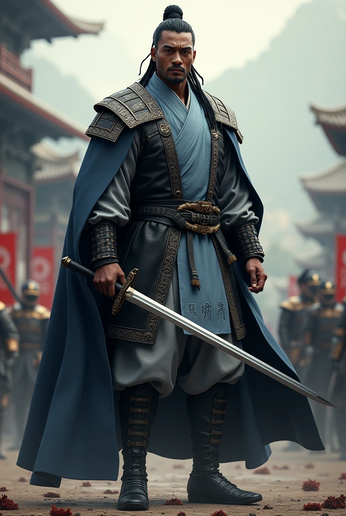 black male, lightbrown eyes, brawny, Cao Cao, short dreadlocks hair, light blue mid-length collared jacket, shiny black leather overcoat, gray pants with straps, pointed toe shoe, sword in hand.