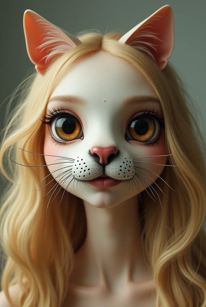 A woman with eyes like a seal, with a mustache like a cat , blonde , Brown eyes