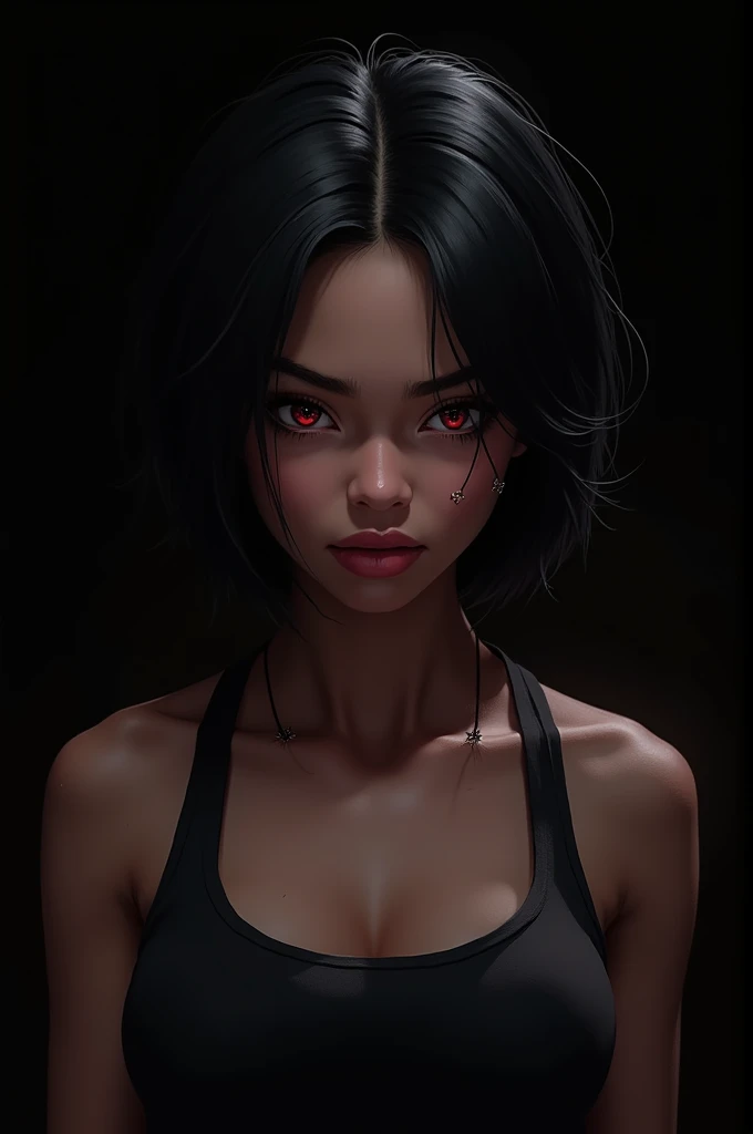 generate an image with the style of Arcane (the League of Legends television series) of a 1 girl, with dark skin, as if she were Mel Medarda's sister, red wine eyes, defined features, short, shoulder-length black hair and piercings on her face,
Black background, i want her with an stoic and intimidant aura but femenine, with a Black tank top, she has defined body but not excessively muscular