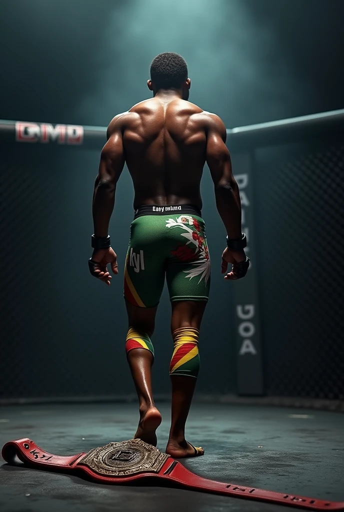 Create an image of a black ufc fighter walking towards a belt. He is slim. Only show his back. Dark environment. His pants should have the zimbabwe flag custom written kyl. Tight pant shorts. But the bmf belt on the ground
