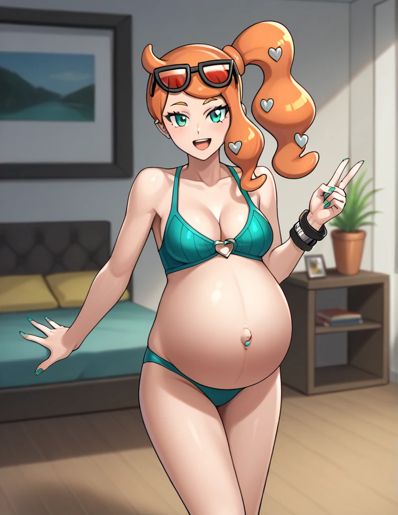 score_9, score_7_up BREAK solo,EPpkSonia,orange hair, side ponytail, aqua eyes, long hair, eyewear on head, sunglasses, heart hair ornament, pregnant , big belly, Belly button piercing, cleavage, bracelet, collarbone, blue panties, nail polish, aqua nails, aqua toenails, room, indoors, Posing, happy, belly rubbing, labor pains