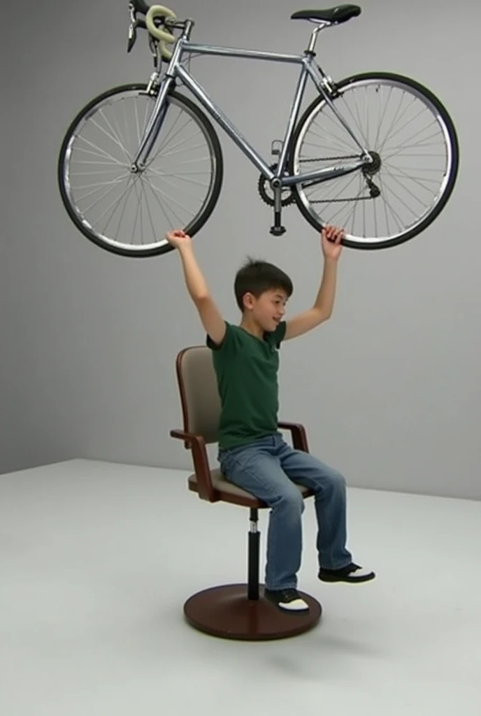 Create an image of the setup used in the angular motion conservation experiment which consists of a rotating chair., A person sitting on this chair while holding a bicycle wheel by means of handles that it has, The handles are in the center of the wheel and are short.. The wheel is held horizontally by the person, that is, one handle up and another down