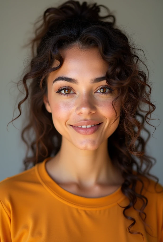 Studio photography of a vibrant Sicilian-Moroccan young woman. She has a heart-shaped face with high cheekbones, warm amber almond-shaped eyes framed by thick, dark lashes, and naturally arched eyebrows. Her skin has a sun-kissed olive tone. Her rich, dark brown curly hair is styled in a practical ponytail, with a few loose curls framing her face. Her lips are full with a natural rosy hue, and she has a small, slightly upturned nose. She is wearing a simple, solid-colored shirt. High detailed photo to ensure a clear and natural appearance. Shot from an eye-level, straight-on angle using a Canon EOS R5 with a 50mm lens. In the style of Youssef Nabil