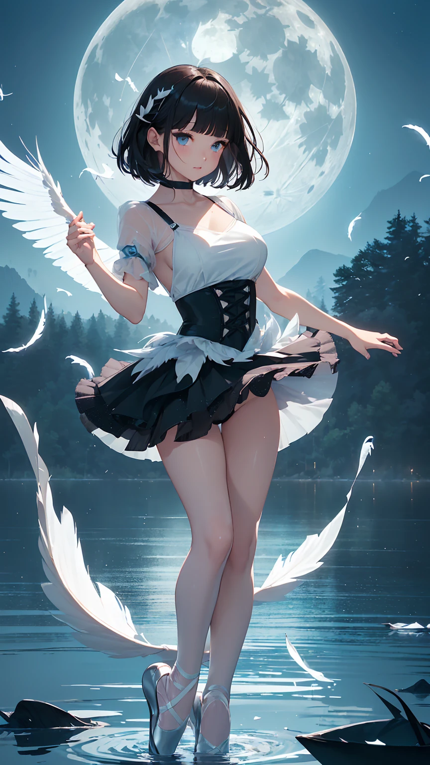 Highest quality, flying debris、Beautiful woman、Black Hair、(Dark blue eyes、Blunt bangs、Blunt bangs)、short hair,Full Body Shot、((Black and blue theme))、Big Breasts 、(Ballet Dancer、Tutu skirt:1.2)、(Brown Hair、Brown eyes)、Long Hair、Magazine Style,Full Body Shot、The lake of swan、break(Gorgeous white and light blue ballet dress:1.2)、break((The lake of swan:1.2))、((night、full moon、The fog is thick.:1.2)),((Standing on the surface of the water,Dancing in the middle of the lake:1.2))、BREAK((feathers scatter:1.2))BREAK((Screen is dark:1.2))、((Dark theme、Darkness Aura:1.3))