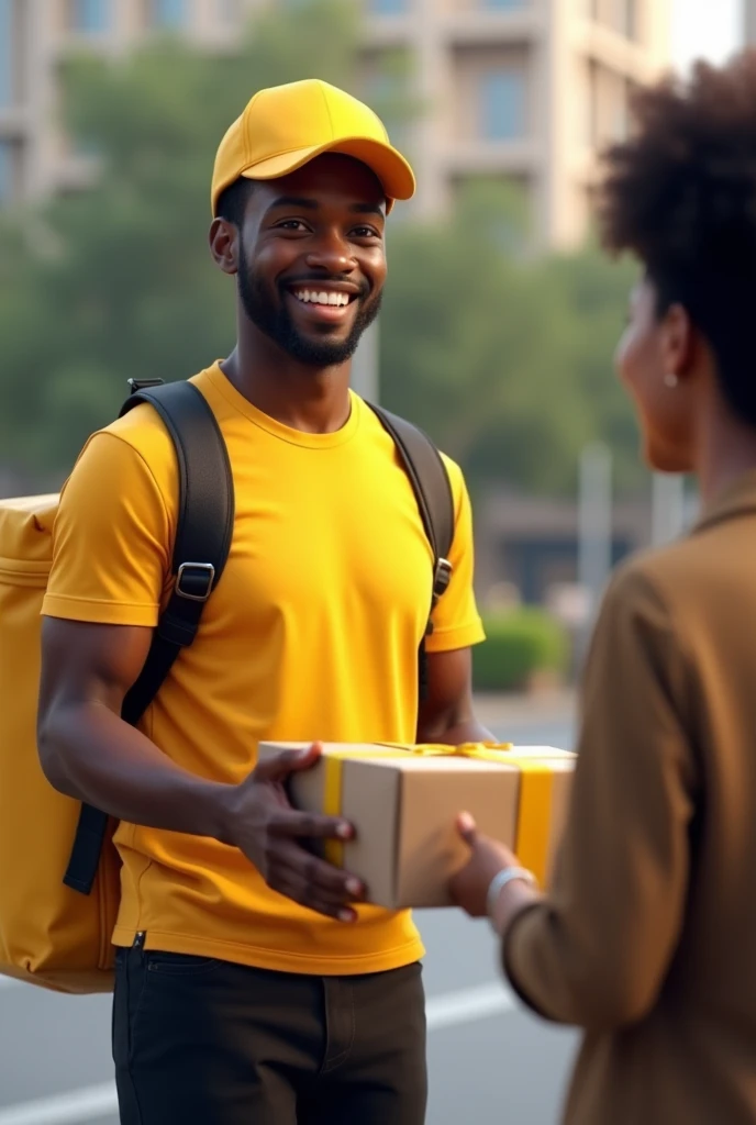 Un agent de livraison africain souriant , habillé en tricot short jaune et pantalon noir , qui porte un sac de livraison jaune à dos entrain de remettre un colis à une femme afro
