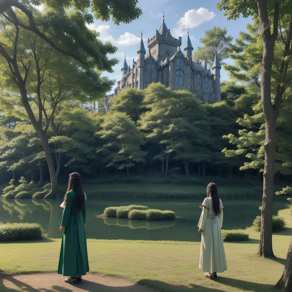 Highest quality、Transparent drawing、Girl standing in a Celtic castle by a lake。Celtic mythological priestess in long dress、House of Taiki、There are fairies flying around、