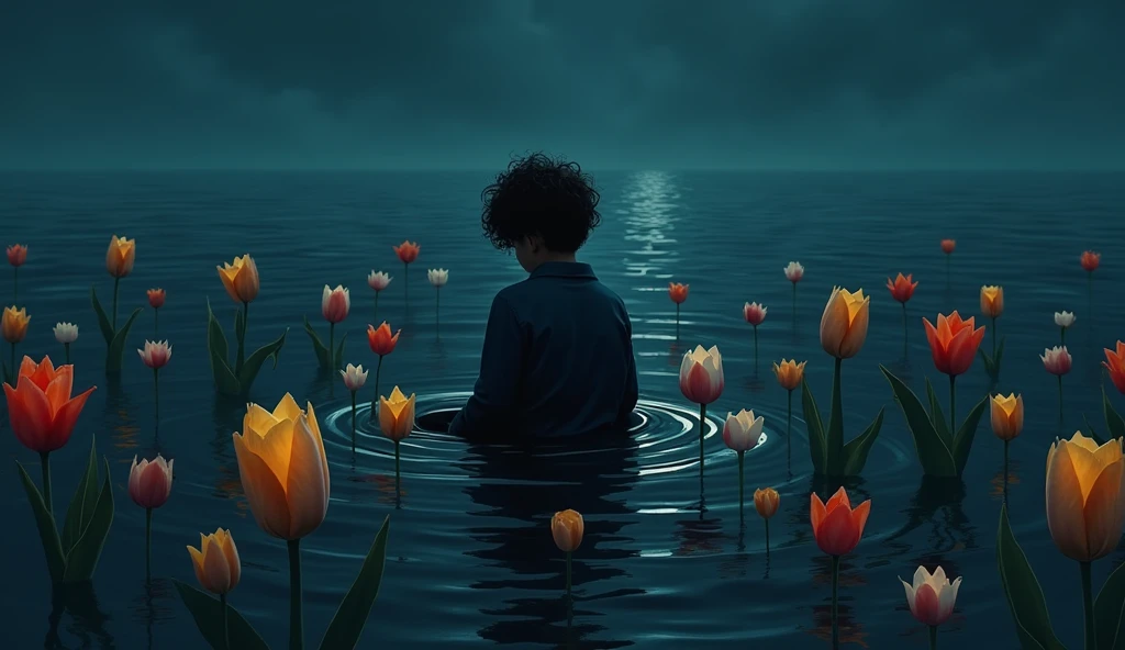 A boy is waiting for someone in the dark ocean with a bunch of tulip