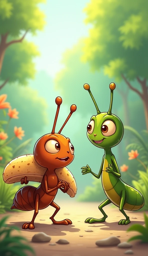 The ant is carrying a food and the grasshopper is talking to ant.
Show as cartoons