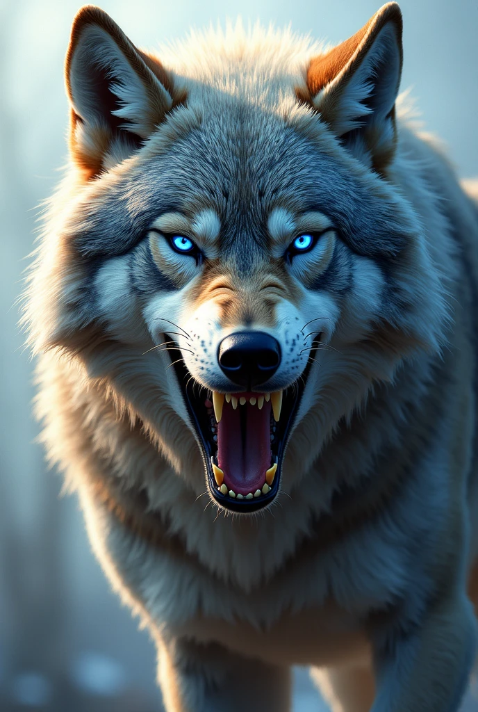 Portrait Magnifique loup aux yeux bleu qui grogne , réaliste