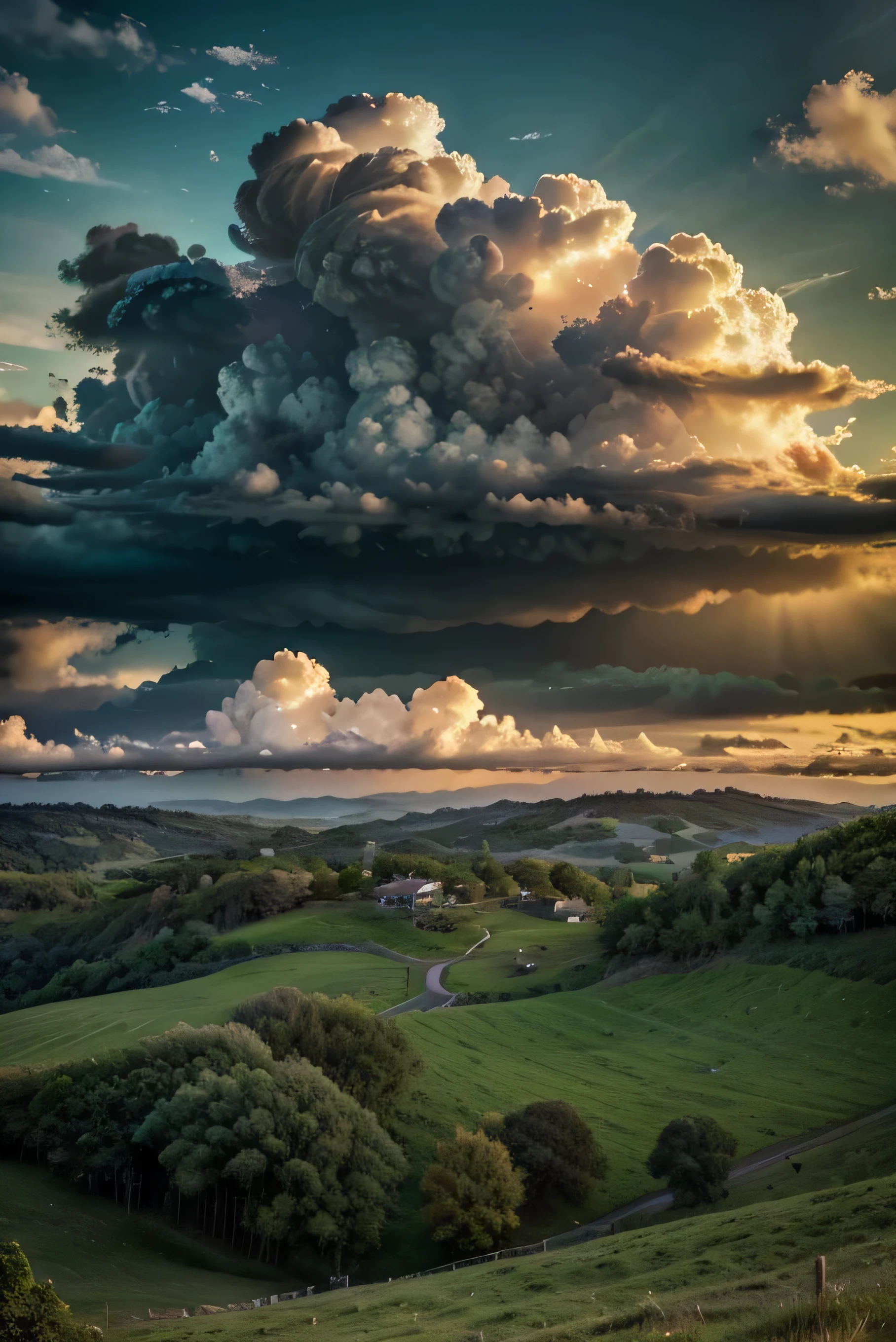 cinematic landscape, dramatic sky, fluffy clouds, rolling hills, lush greenery, panoramic view, scenic vista, detailed foliage, natural lighting, high contrast, vivid colors, photorealistic, 8k, best quality, highly detailed, cinematic composition, atmospheric, serene, peaceful, (masterpiece:1.2), (realistic:1.37)