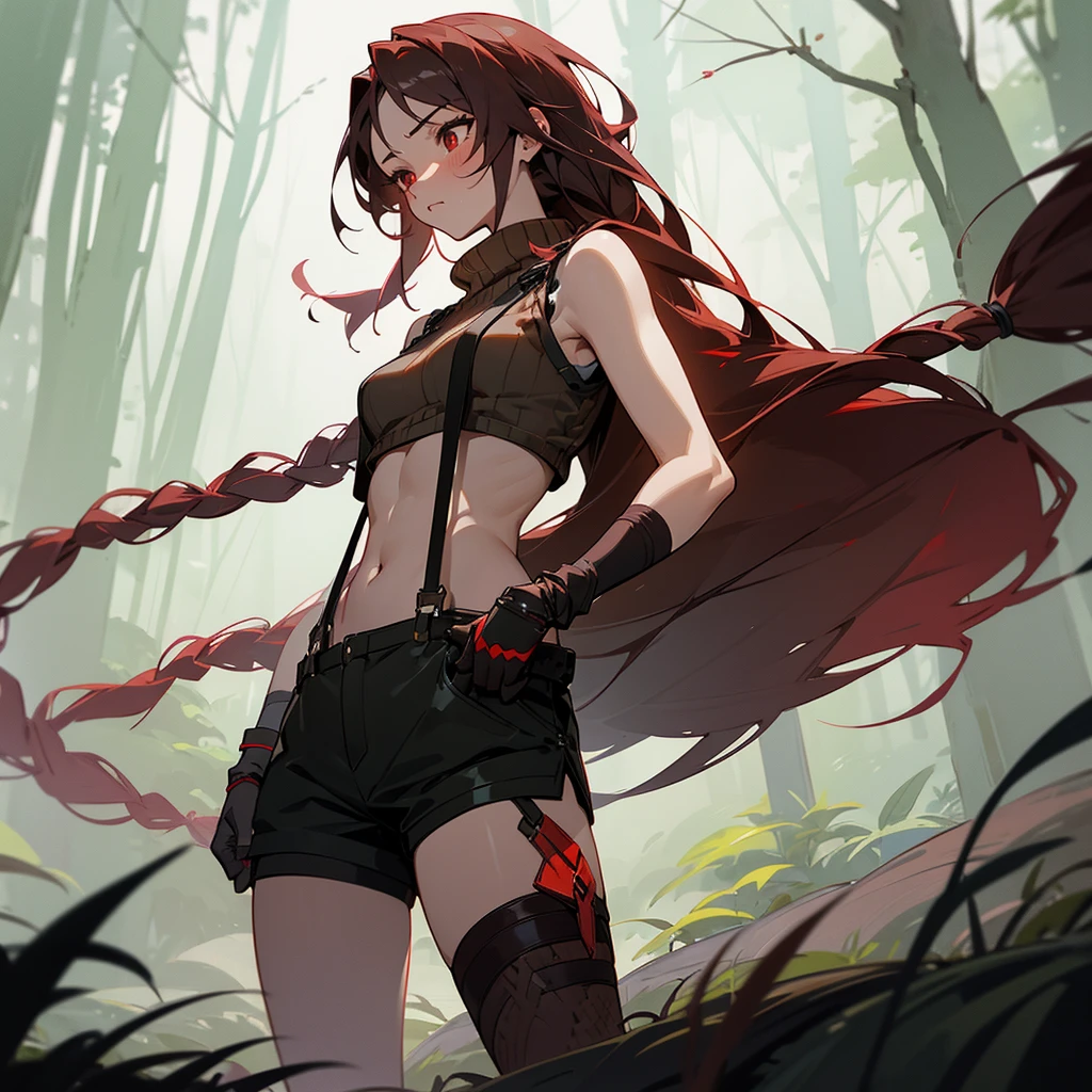 1female, sexy, young adult, finely detailed red eyes, wild long hair, braided hair, dark brown color hair, adventurer gear, suspenders, sleeveless crop top sweater, baggy combat shorts, night time, dark forest, somber expression, flowers, blushing, standing on path, lanturns, black armband, mma gloves