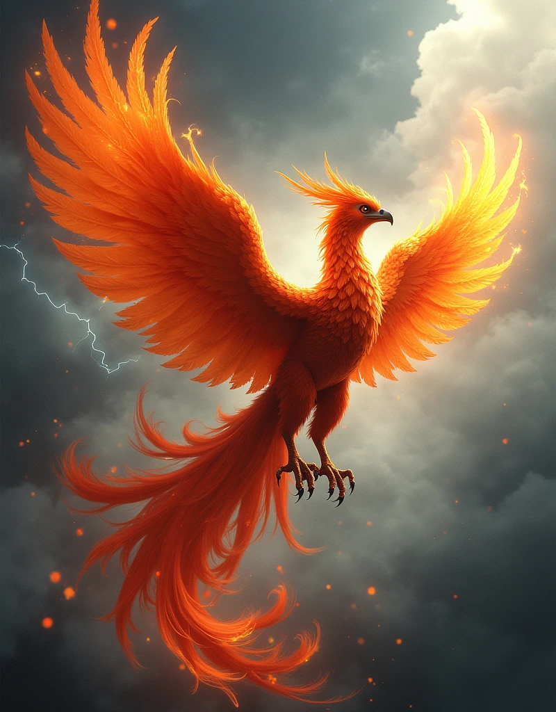 A phoenix, serious, in a stormy background, (best quality, highly detailed, masterpiece), (Photorealistic:1.3)