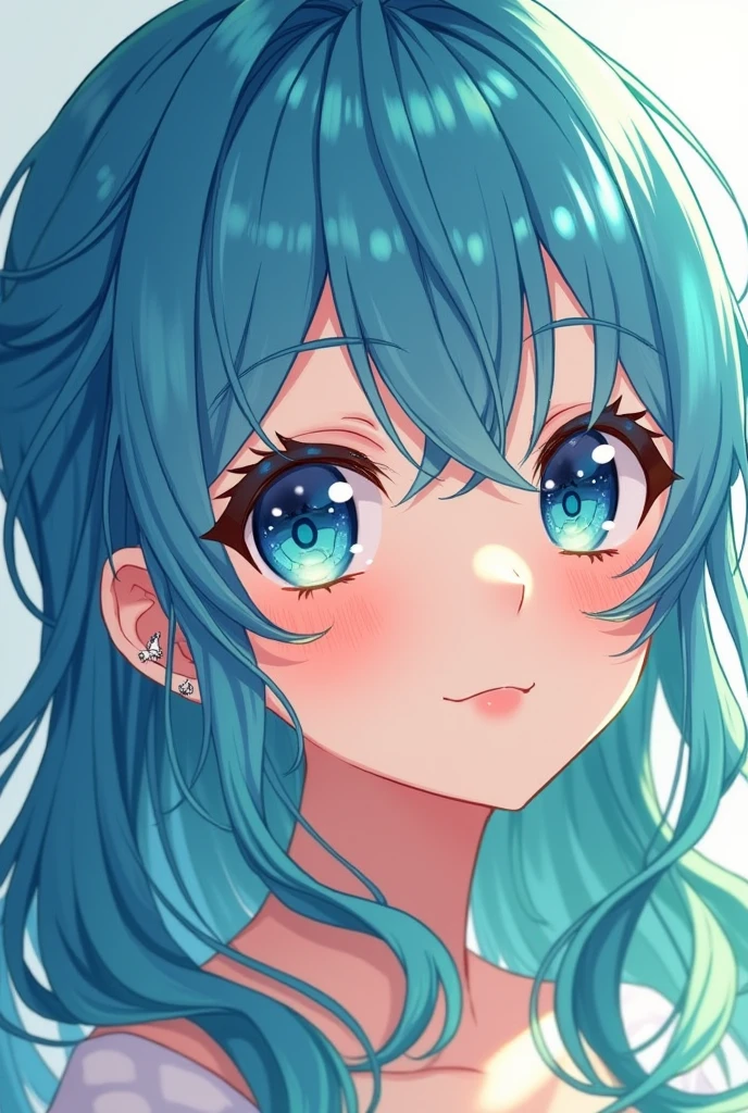 Anime girl with hair blue and green show a butterfly piercing hélix so shine and white of 5 mm in the ear