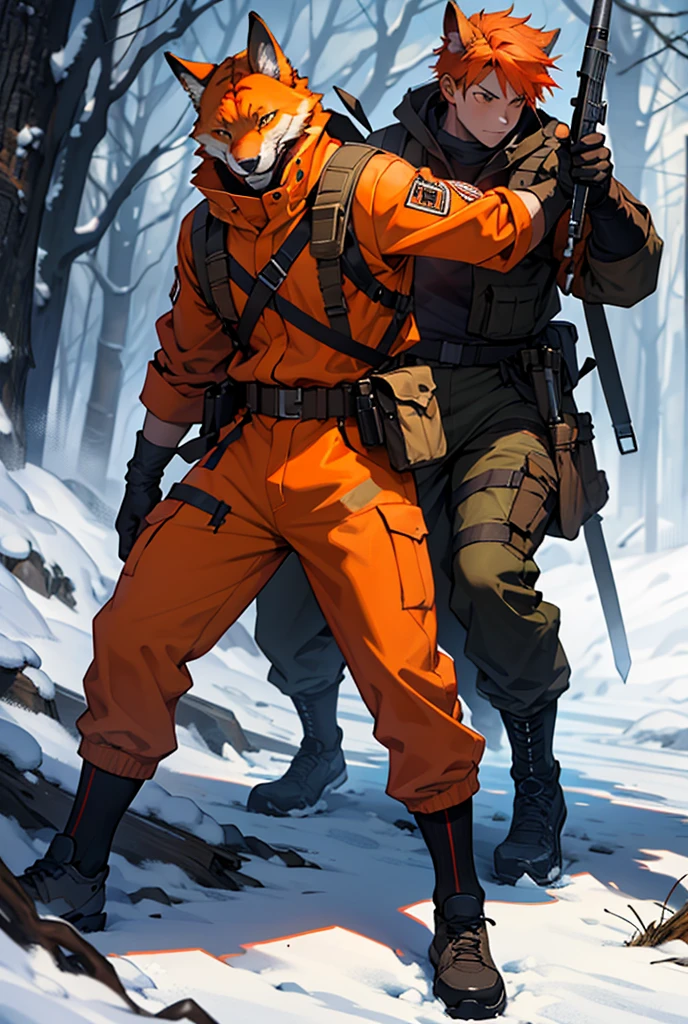 A photo of an orange cat and a wolf in a war with weapons covering each other's backs