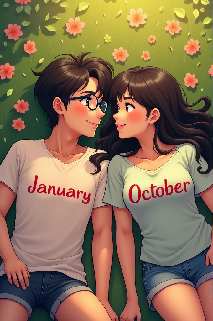 creat a ai image of a romantic anime couple lying on beautiful flower and grass looking each others eyes.where the handsome boy wearing glasses with January written t shirt.and the cute chubby thick thigh girl wearing October written t shirt with balck medium long weavy hair.full frame image.