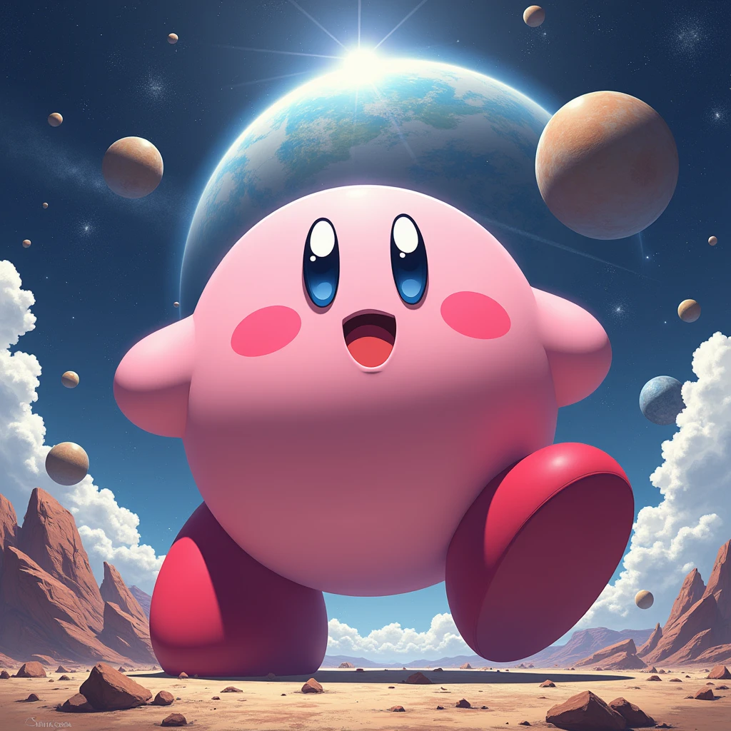huge星之卡比、masterpiece、best quality、huge、huge星之卡比的脚、Smile、Round pink body、Lovely、Anime Illustrations、一个太阳系中的月球在脚下被huge星之卡比摧毁、Low Angle、Walk、A looming、I can see my feet、Draw a Kirby with great fanfare、huge星之卡比、huge卡比、Destroyed Earth、Destroyed Mars、In the solar system in the universe、Destructive illustration
