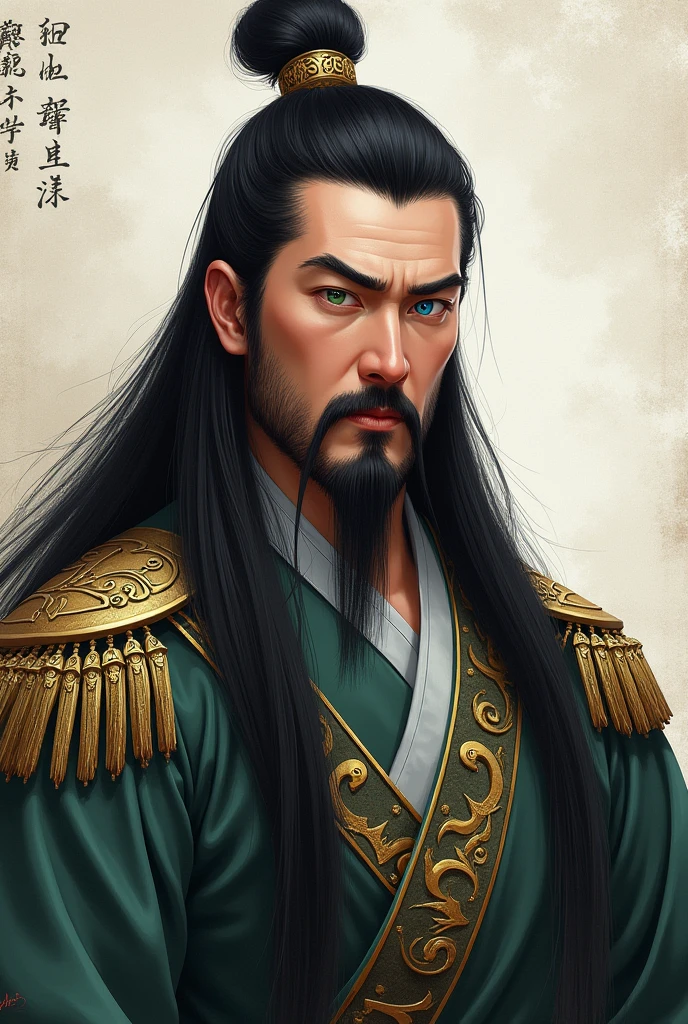 Make me a realistic image of a man, Cao Cao, grown-up, offwhite, long black hair, brawny, with one green eye and one blue eye in the 19th century