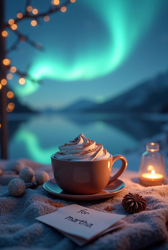 A cup of hot chocolate with a note that says for Martha, with the background of the northern lights. and the phrase: zilencio bruno 
