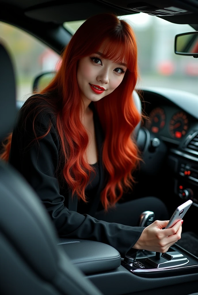 Redhead girl with bangs, long hair, Korean woman inside a black BMW car, with a white cell phone in one hand, grinning wickedly.