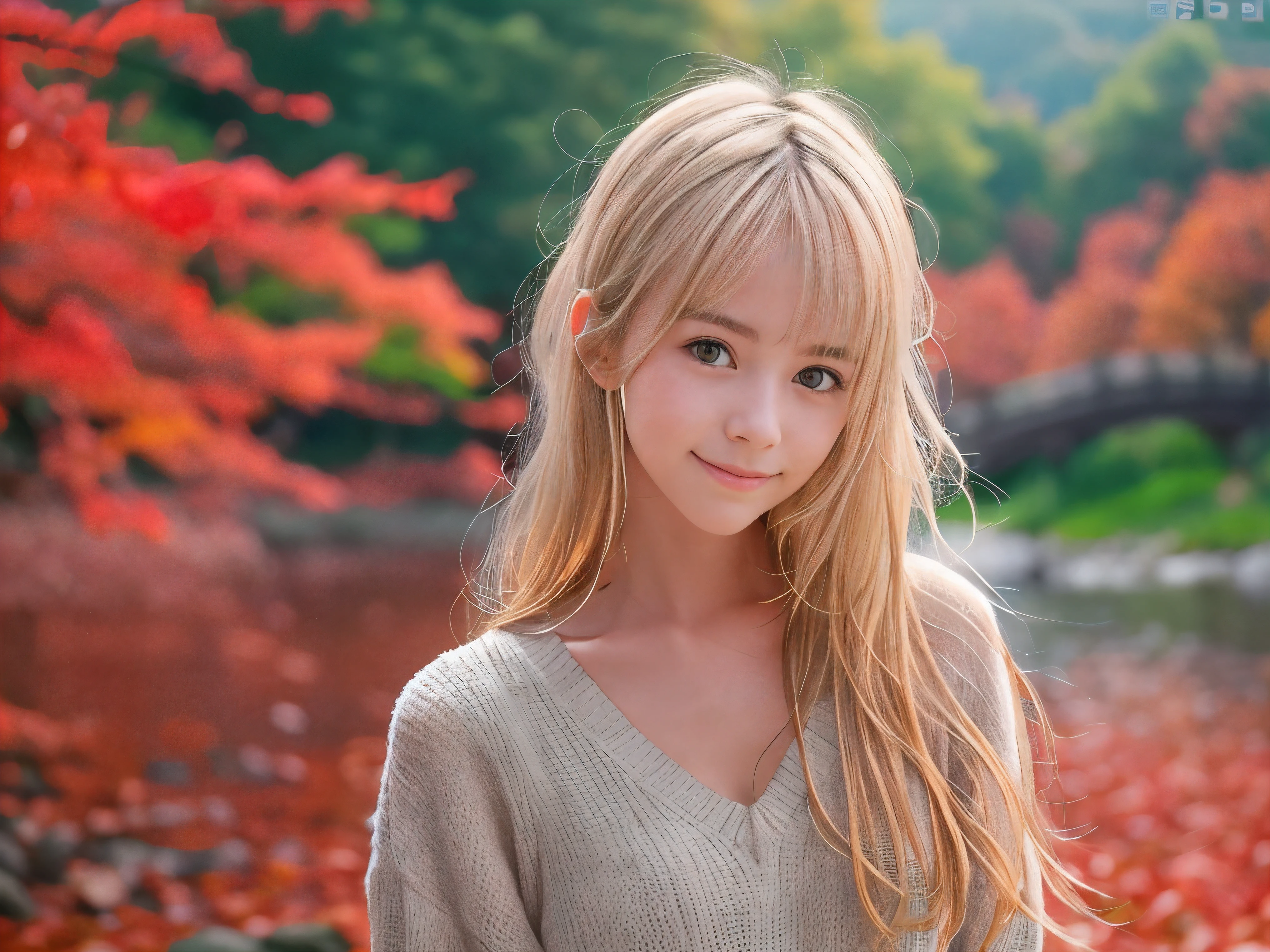 (Close up face shot of one slender small breasts half up blonde long hair with bangs girl in a long sleeves shirt and sweater and skirt:1.5)、(One blonde hair girl is dancing with small smile on the dart road near the lake and big waterfall in Japan:1.5)、(Beautiful autumn red leaves landscape:1.5)、(Natural light:1.5)、(8k ultra detailed master piece:1.5)、(perfect anatomy:1.5)、(Photorealistic stick:1.5)、(Raw photo:1.3)、(highest quality:1.5)、(High resolution:1.3)、(Delicate and beautiful perfect face:1.3)、(Delicate and beautiful eye air skin:1.3)、(Real Human Skin:1.3)、((thin legs))