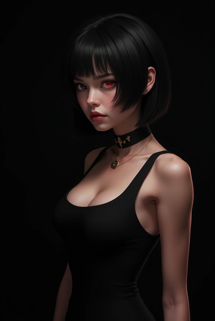 generate an image with the style of Arcane (the League of Legends television series) of a 1 girl, with dark skin, as if she were Mel Medarda's sister, red wine eyes, defined features, short, shoulder-length black hair and piercings on her face,
Black background, i want her with an stoic and intimidant aura but femenine, with a Black tank top, she has tonificated body but not excessively muscular, small chest, 