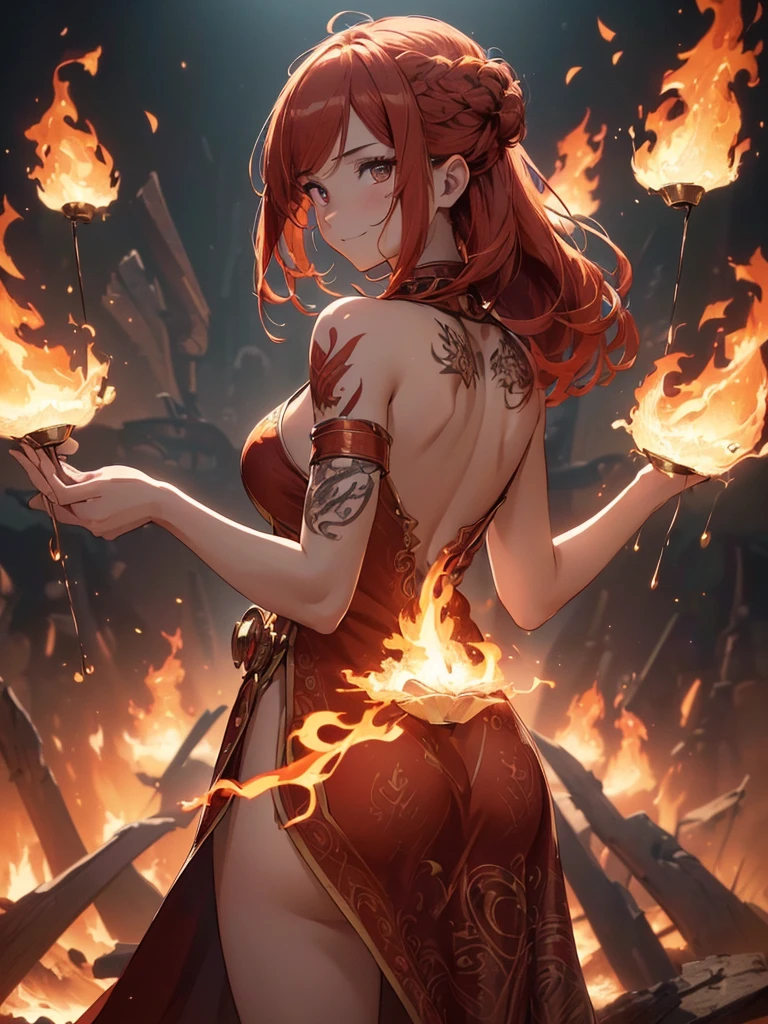 (((best quality, sharp image, clear image, cinematic lighting, 8k resolution, masterpiece, ultra detailed, intricate))) Girl, ((shot from behind)), ((close up)), look at viewer, fire mage, ((intricate background)), ((chaotic background)), red hair, smiling, ((flame runes, flame sigils)), (tatoo on back), slim figure, flying sigils, long dress, cute