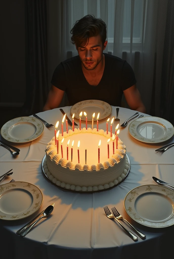 A melancholic painting of a round white cake seen from above and decorated with twenty-one candles, on a huge table with a white silk tablecloth and fancy plates and cutlery. It is a young man's twenty-first birthday.