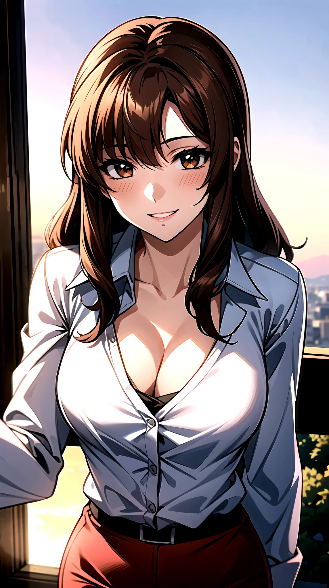 （（super high quality,Ultra-high resolution,16K,super masterpiece,Ultra HD ,Detailed shading,））On top of a hill lit by the setting sun,Sexy Mature,（（A pink shirt with a tight standing collar,Cleavage,））Folded long sleeves,Red pencil skirt,Looking into the camera,Brown medium long hair,A kind smile,blush,Thick lips,