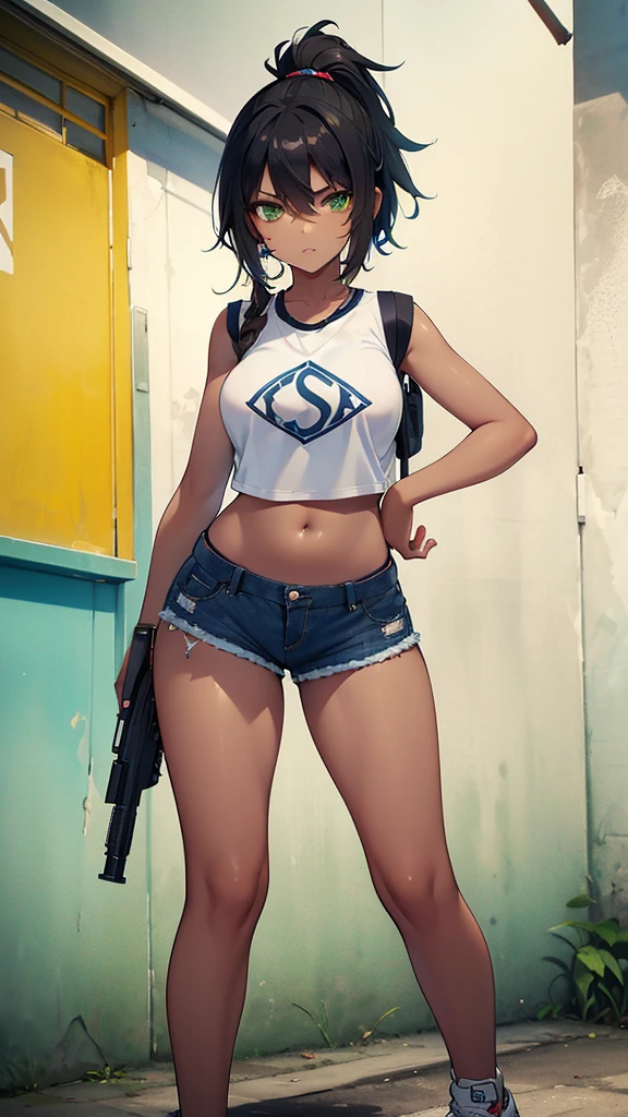 1 Brazilian girl with Brazilian features smoking weed making a (C) with her fingers and the other hand making a (V) she has brown skin she is wearing short jean shorts and a cropped top with a design of an AK-47 and Jordan sneakers she has green eyes black hair aggressive look she has a gun stuck in her shorts standing in an alley 