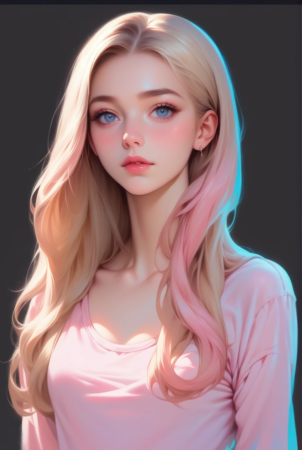 beautiful illustration, ultra-detailed, masterpiece, beautiful girl, pink shirt, simple blue skinny jeans, blond hair, realistic, european