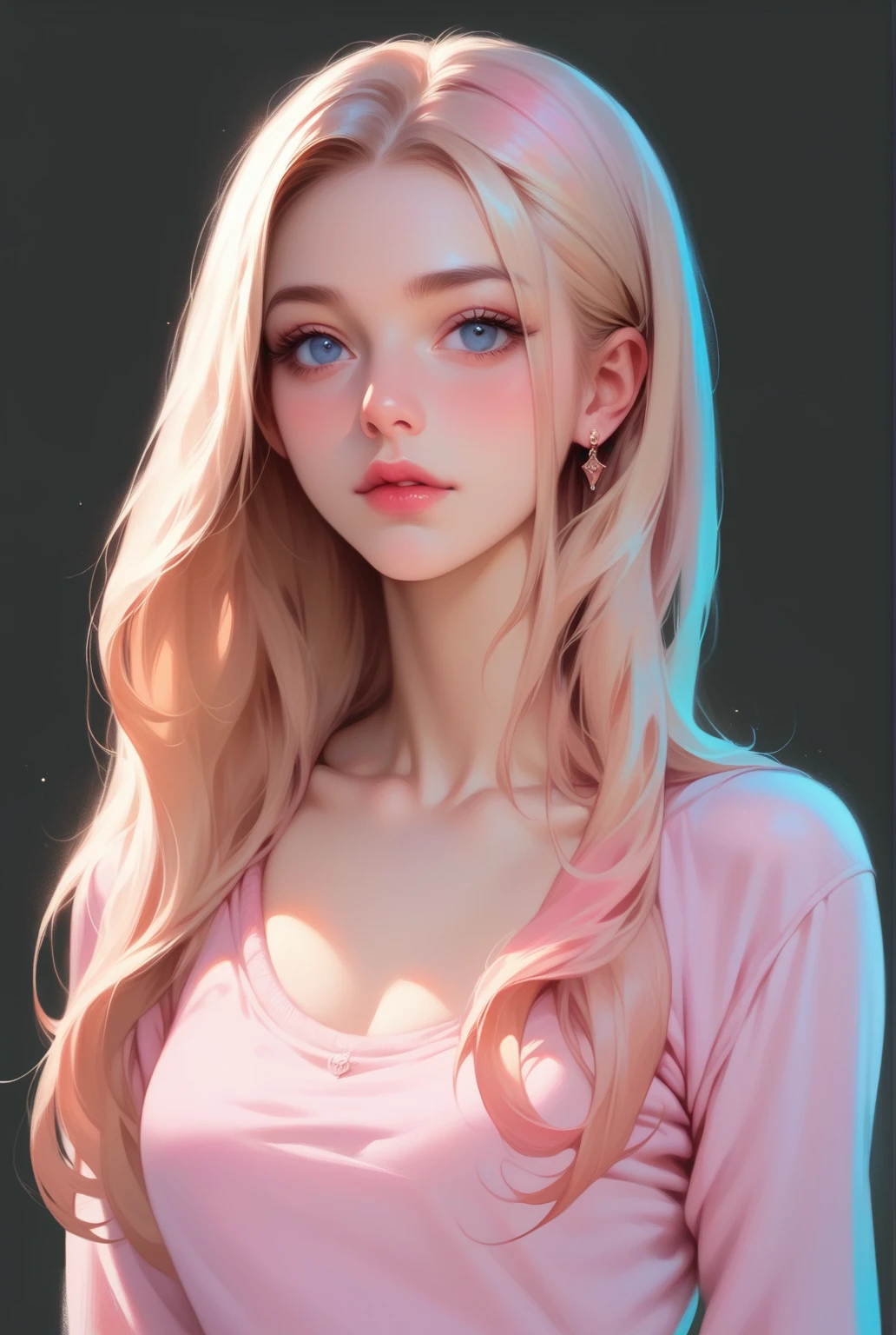 beautiful illustration, ultra-detailed, masterpiece, beautiful girl, pink shirt, simple blue skinny jeans, blond hair, realistic, european