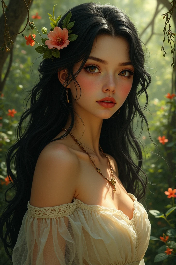 Create a nymph of the animals, cinnamon-colored complexion, black eyes, long black hair reaching below the back 