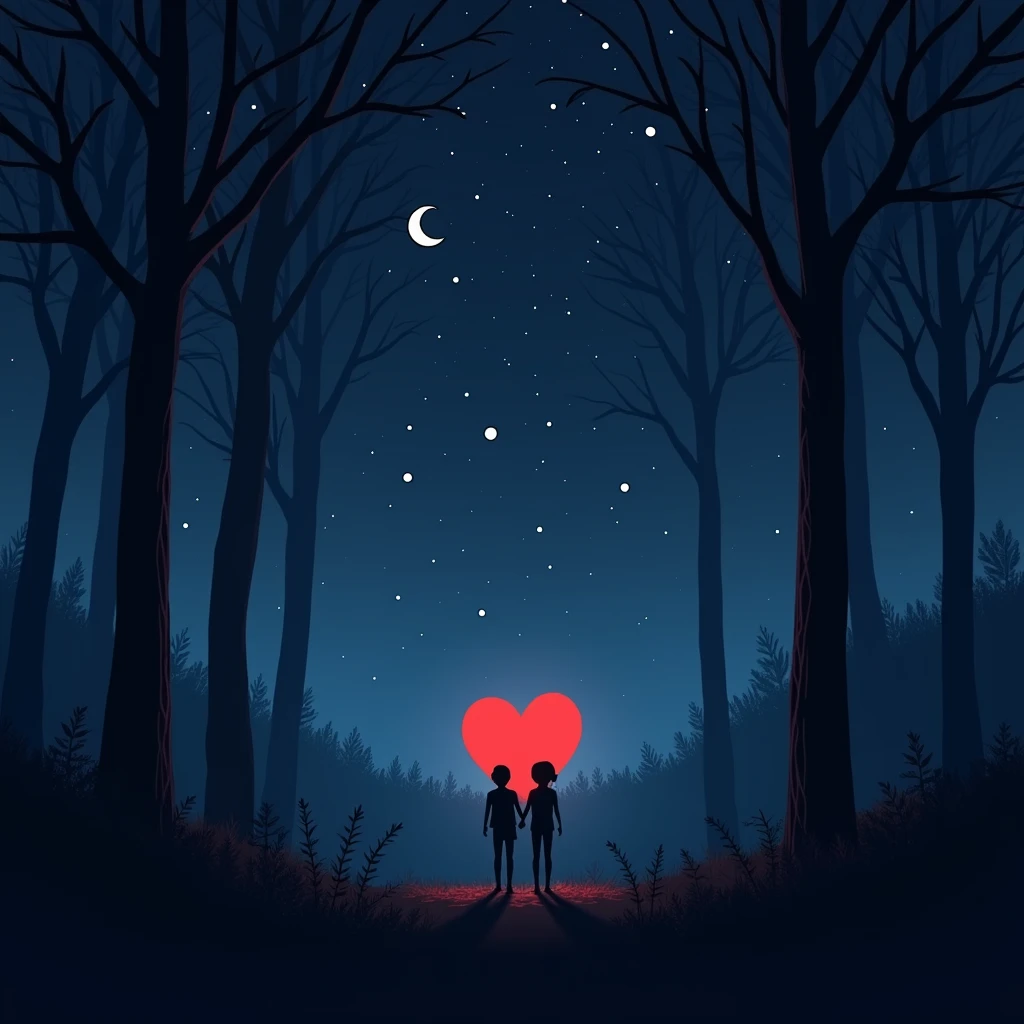 A heart crying while watching the stars at night in the forest