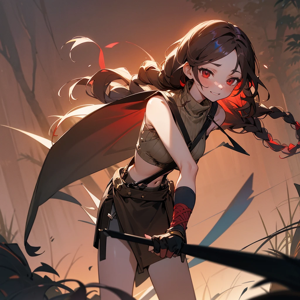 1female, sexy, young adult, finely detailed red eyes, wild long hair, braided hair, dark brown color hair, adventurer gear, suspenders, sleeveless crop top sweater, baggy combat skirt, night time, dark forest, happy expression, flowers, blushing, standing on path, lanturns, black armband, mma gloves